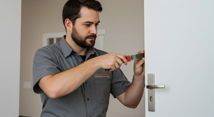 Man installing of the door lock security emergency locksmith